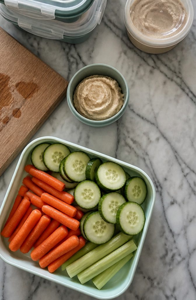 Baby carrots cucumber slices and hummus in a small serving container