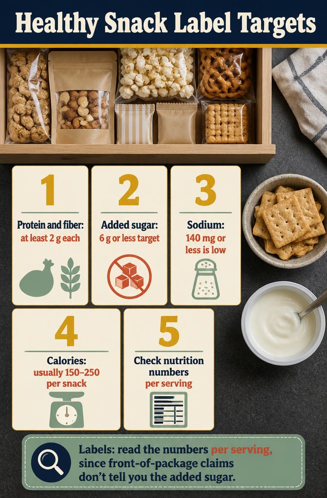 Healthy Snack Label Targets information graphic with nutrient goals per serving