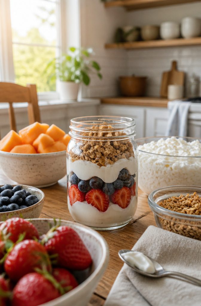 Jar of Greek yogurt layered with strawberries and blueberries beside separate granola