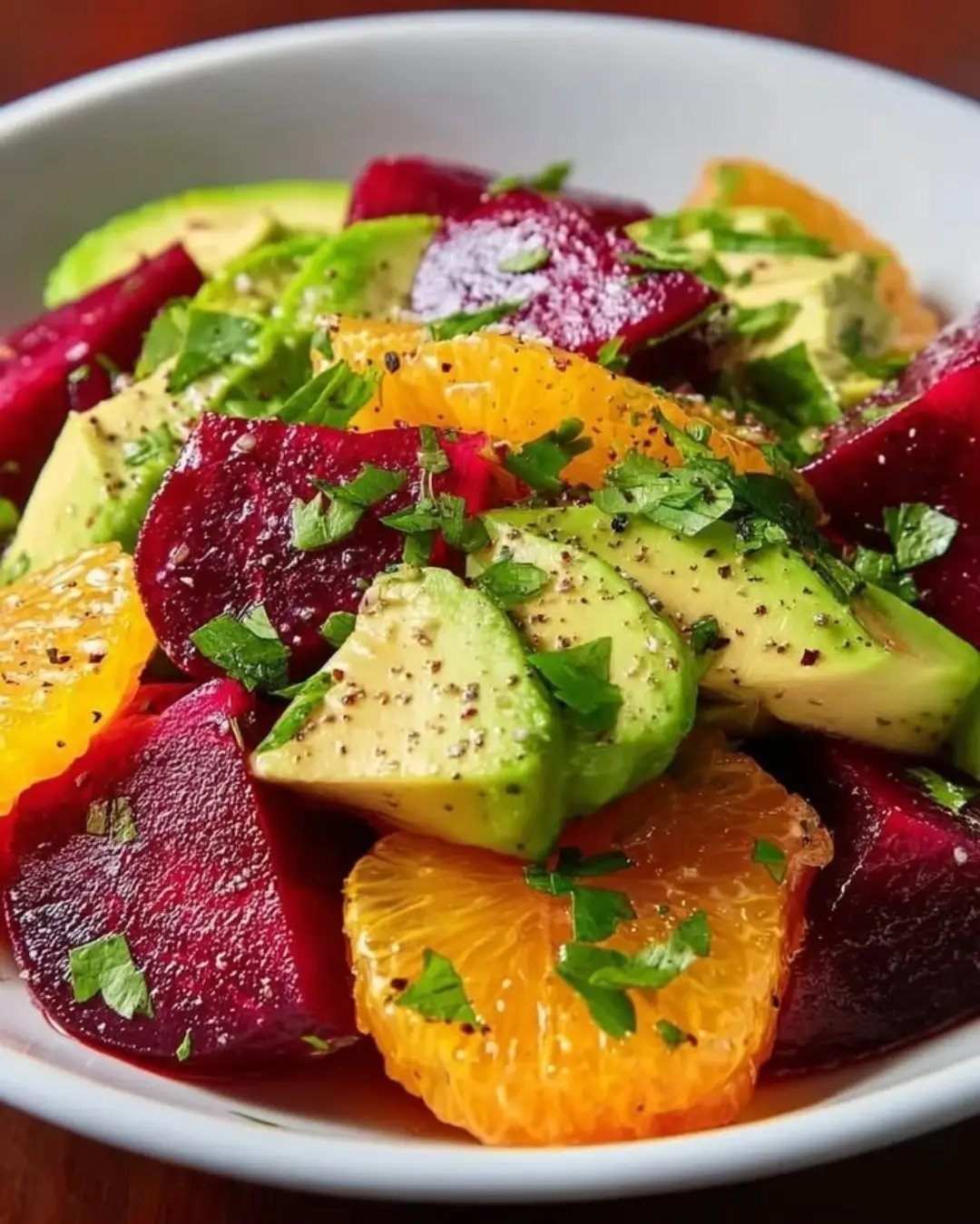 Beet, orange, and avocado salad with fresh parsley in a white bowl