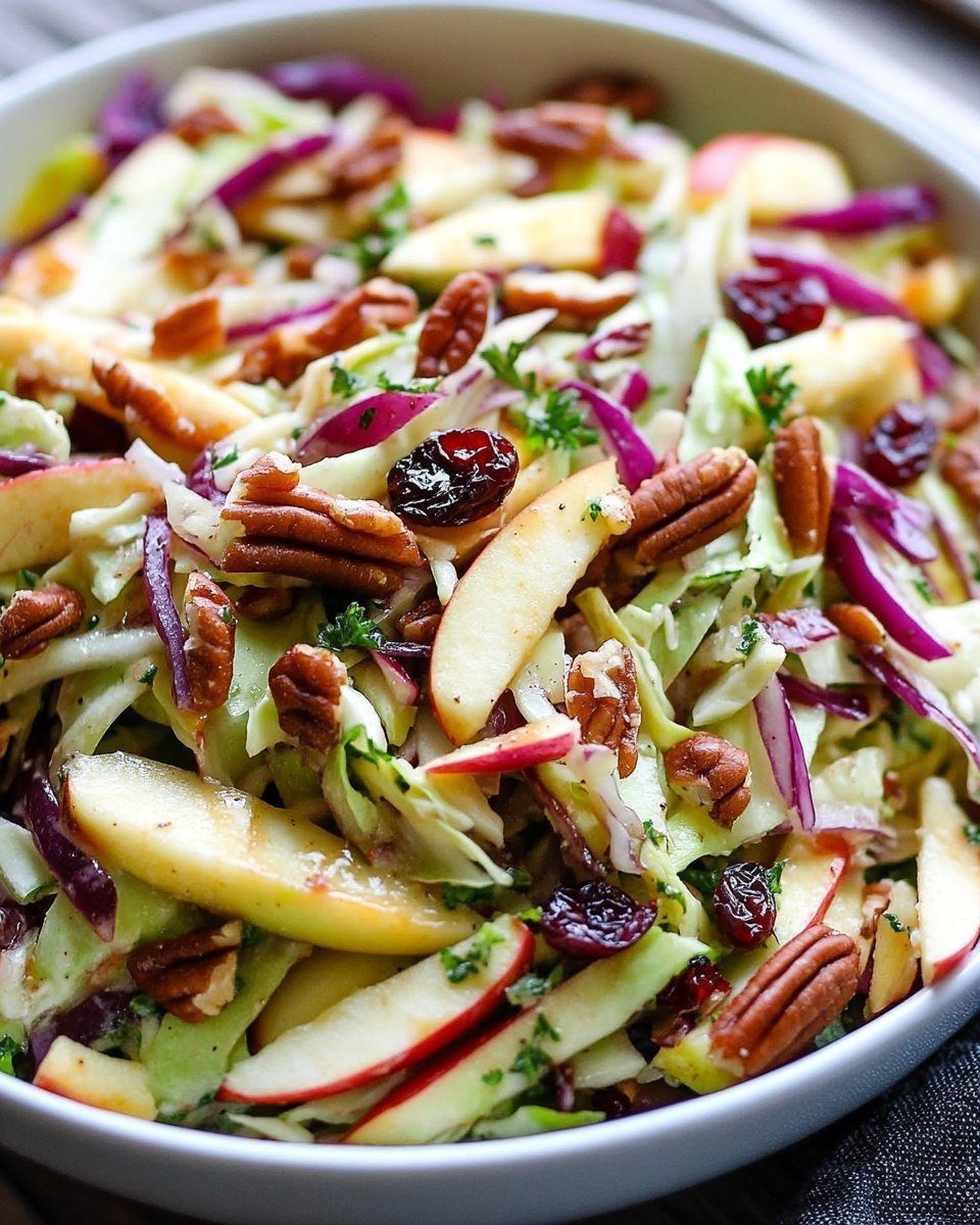 Cabbage salad with apple slices, toasted pecans, and dried cranberries in a white bowl.