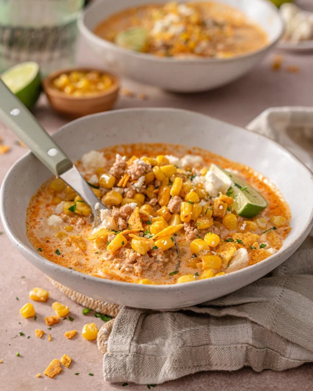 Creamy chicken and corn chili in a white bowl topped with avocado and cheese.