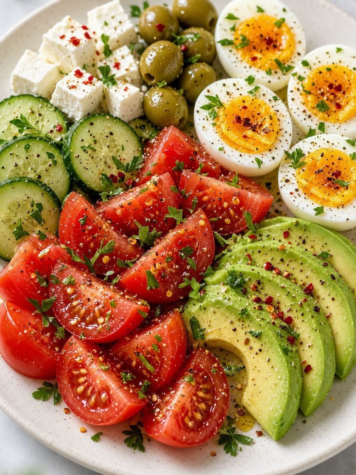 Fresh salad platter with tomatoes, avocado, cucumber, eggs, olives, and feta cheese.