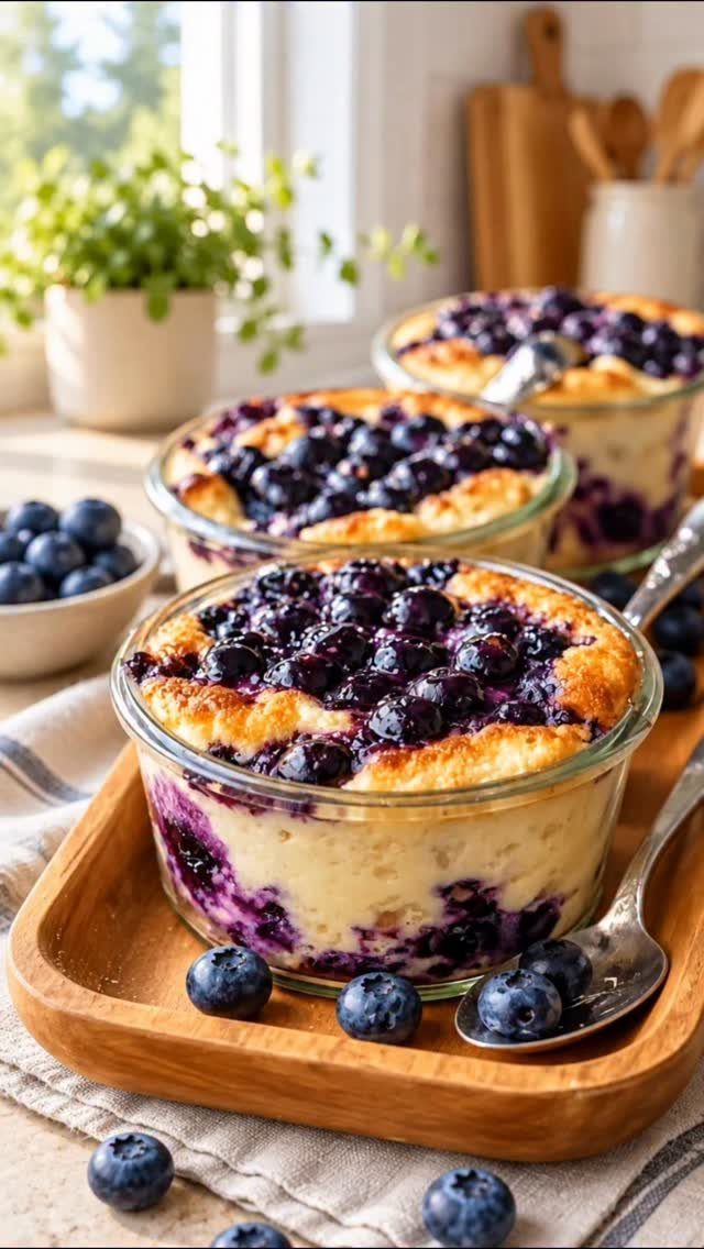Blueberry baked cakes in glass jars on a wooden tray with fresh berries.