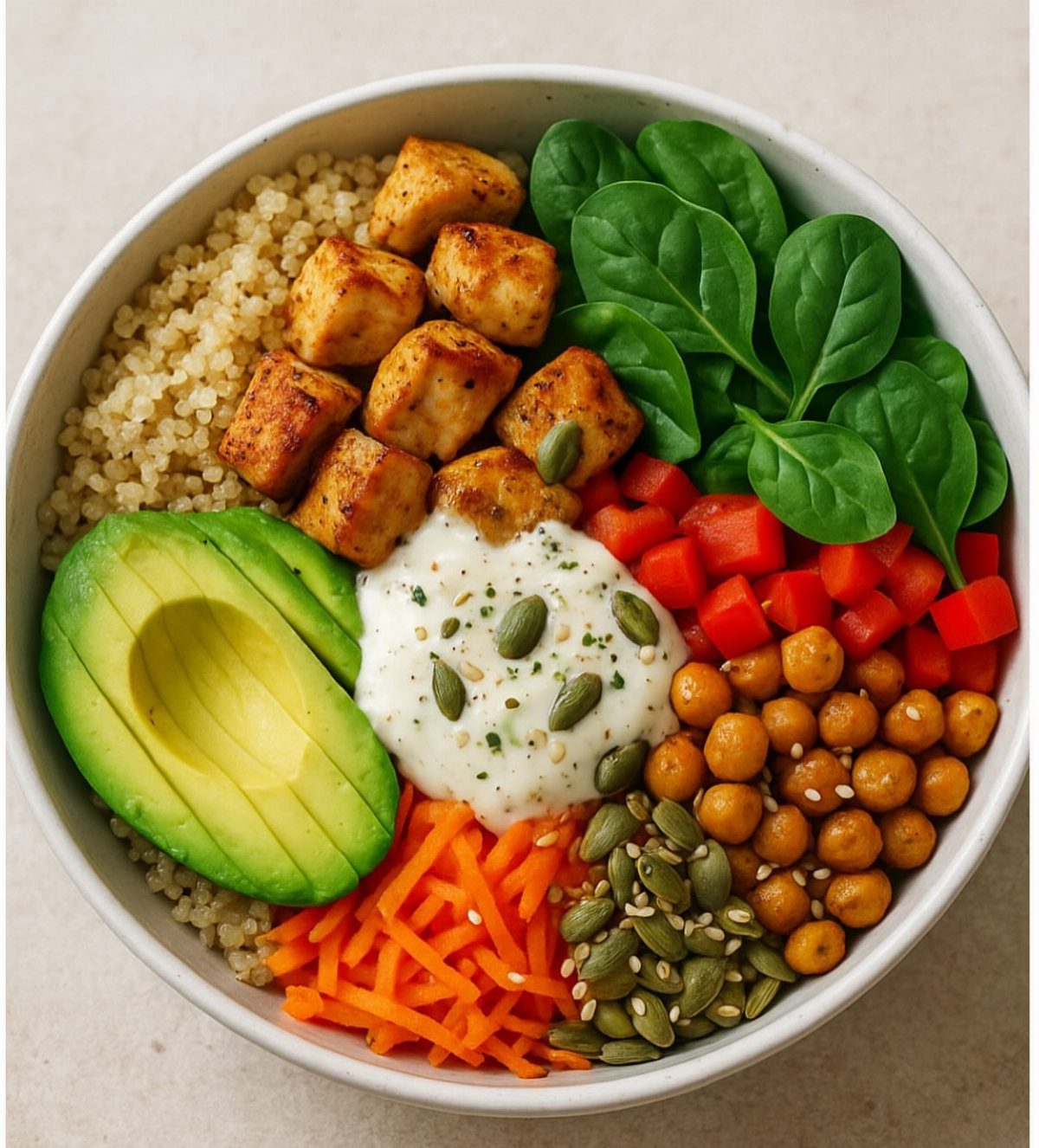 Quinoa bowl with tofu, avocado, chickpeas, spinach, carrots, and white sauce.