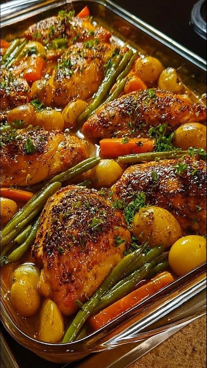 Roasted chicken breasts with baby potatoes, carrots, and green beans in a glass dish.