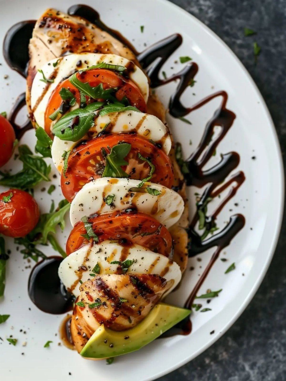 Grilled chicken breast topped with mozzarella, tomato slices, and balsamic glaze on a white plate.