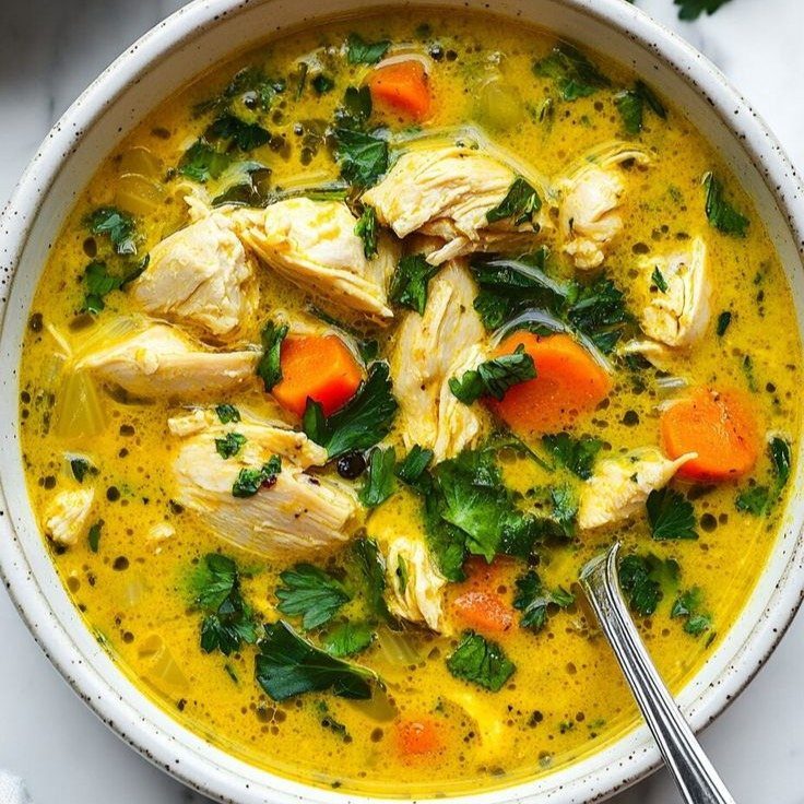 Yellow chicken soup with carrots and parsley in a white ceramic bowl