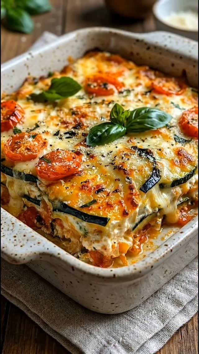 Zucchini lasagna with melted cheese and cherry tomatoes in a baking dish.