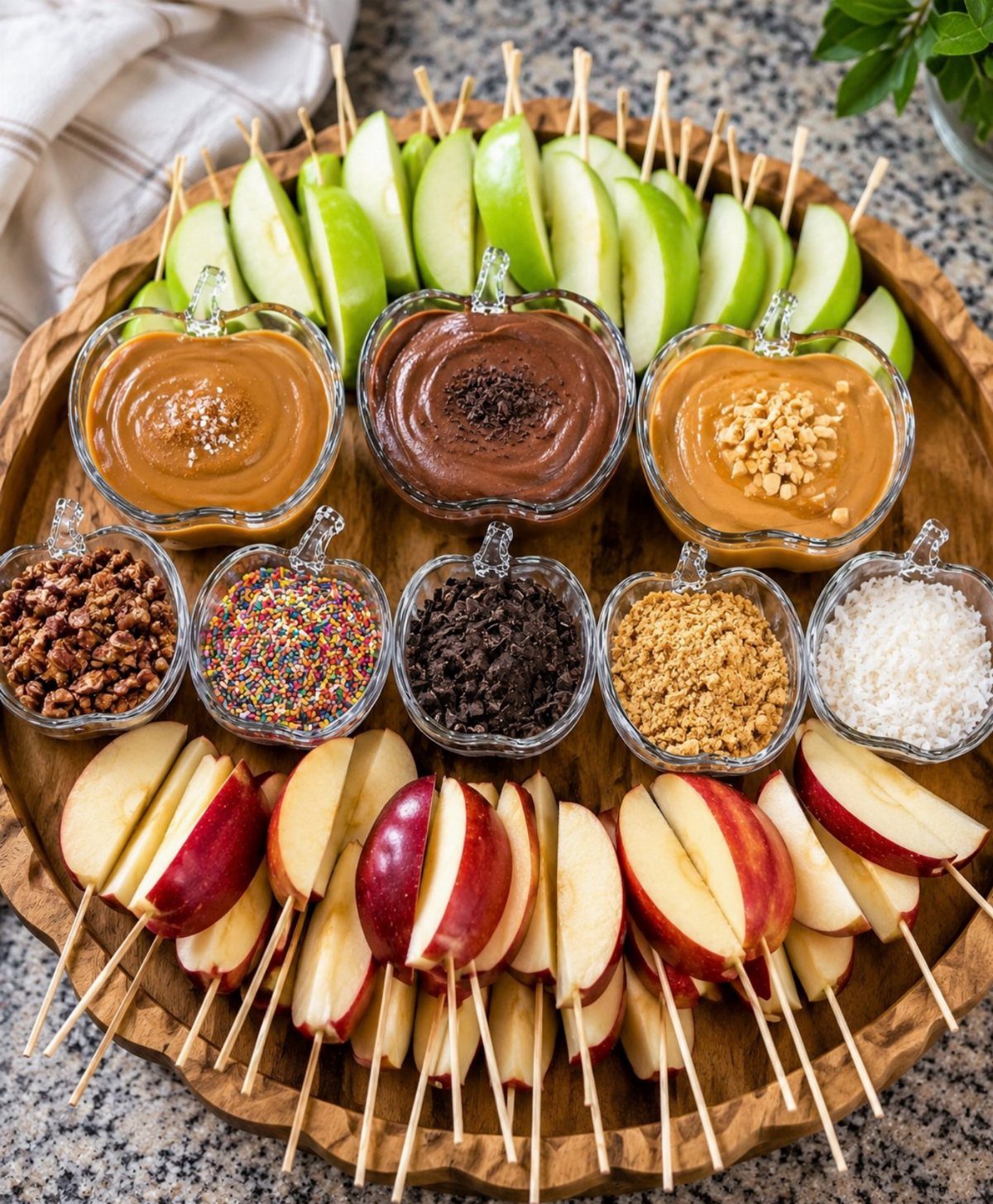 21 Healthy Mini Snacks for Lunchboxes, Parties and Busy Days 4 Apple slices on skewers with various dips and toppings on a wooden platter.