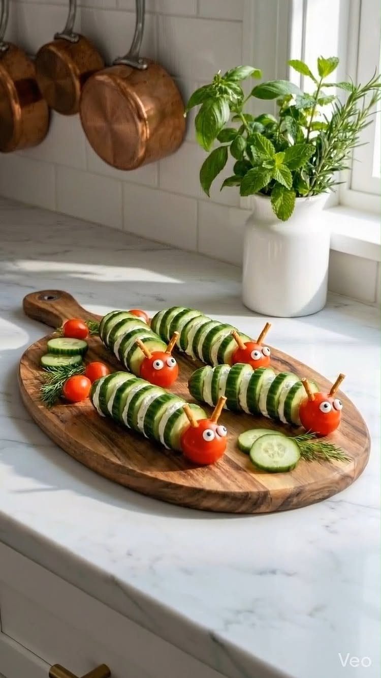21 Healthy Mini Snacks for Lunchboxes, Parties and Busy Days 21 Cucumber and cherry tomato caterpillars arranged on a wooden board in a bright kitchen.