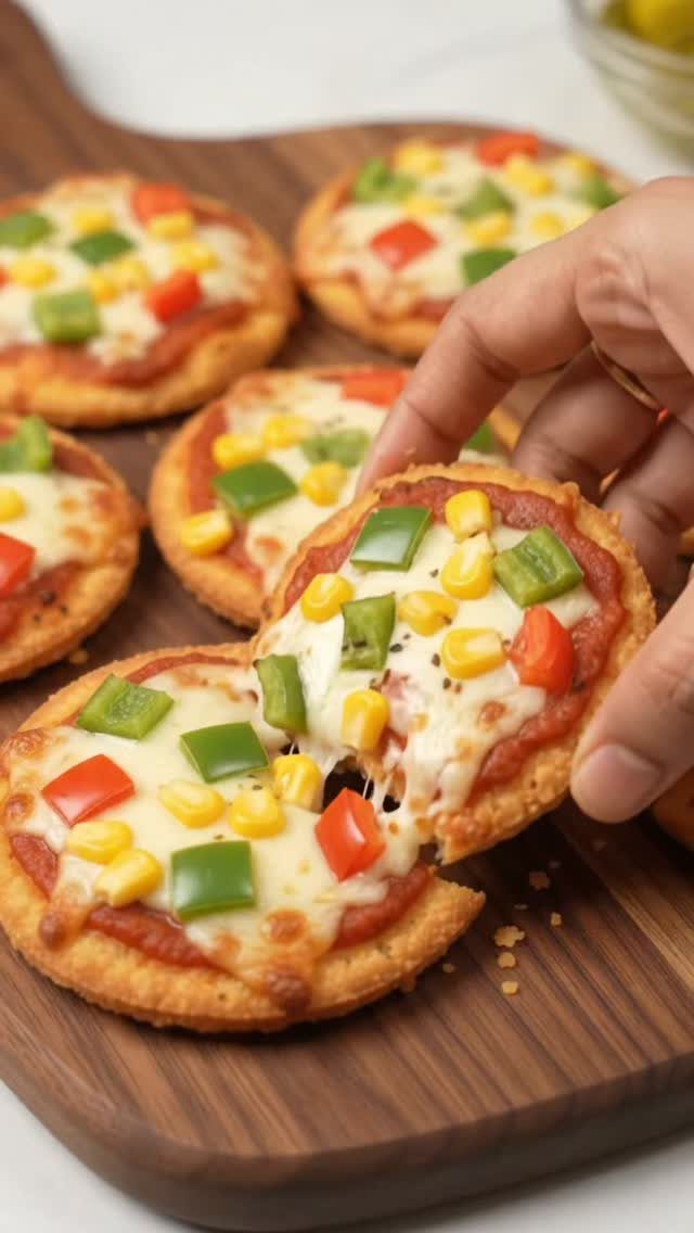 21 Healthy Mini Snacks for Lunchboxes, Parties and Busy Days 16 Mini pizzas with melted cheese and vegetables on a wooden cutting board.