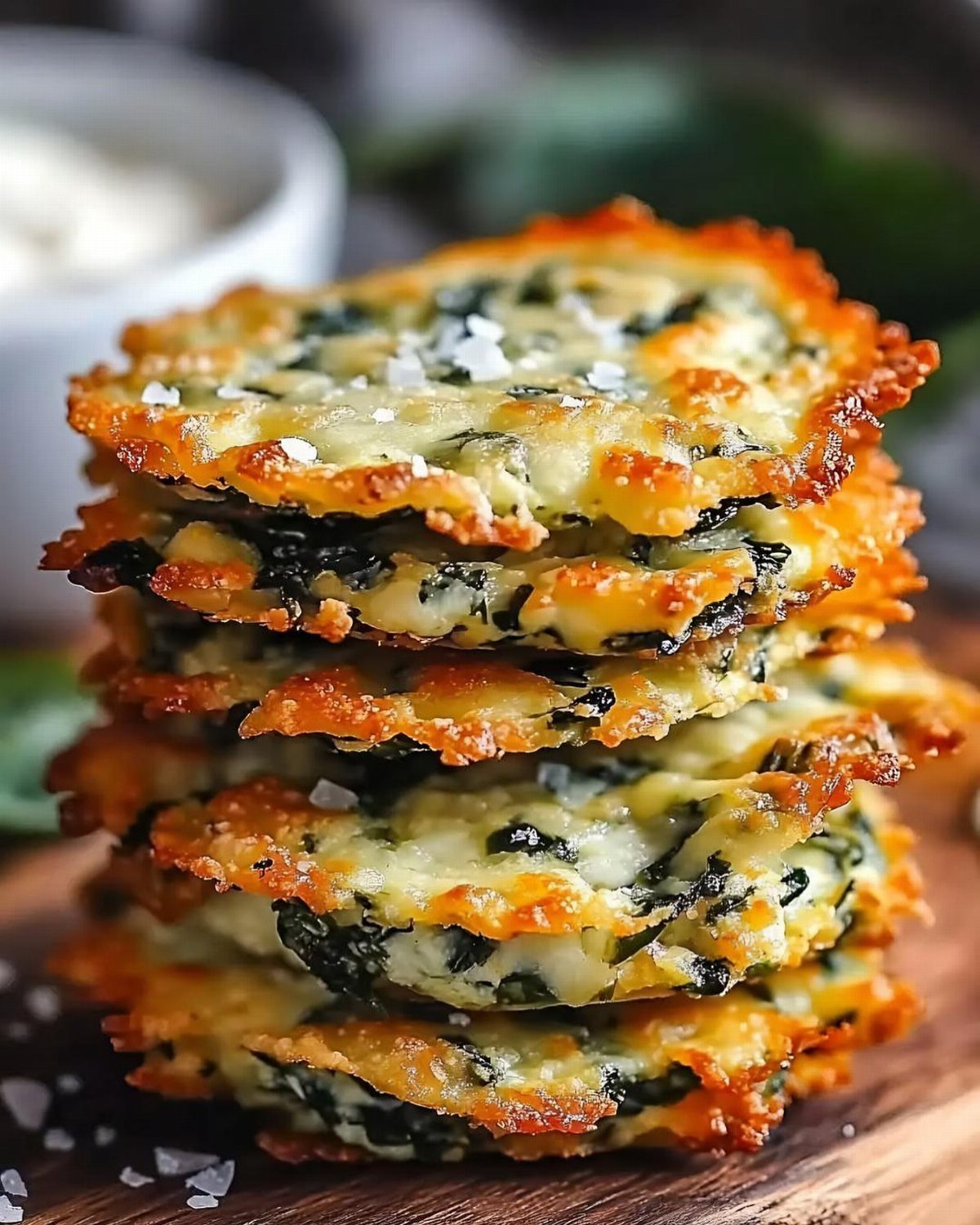 21 Healthy Mini Snacks for Lunchboxes, Parties and Busy Days 17 Stack of golden baked spinach and cheese crisps sprinkled with coarse sea salt.