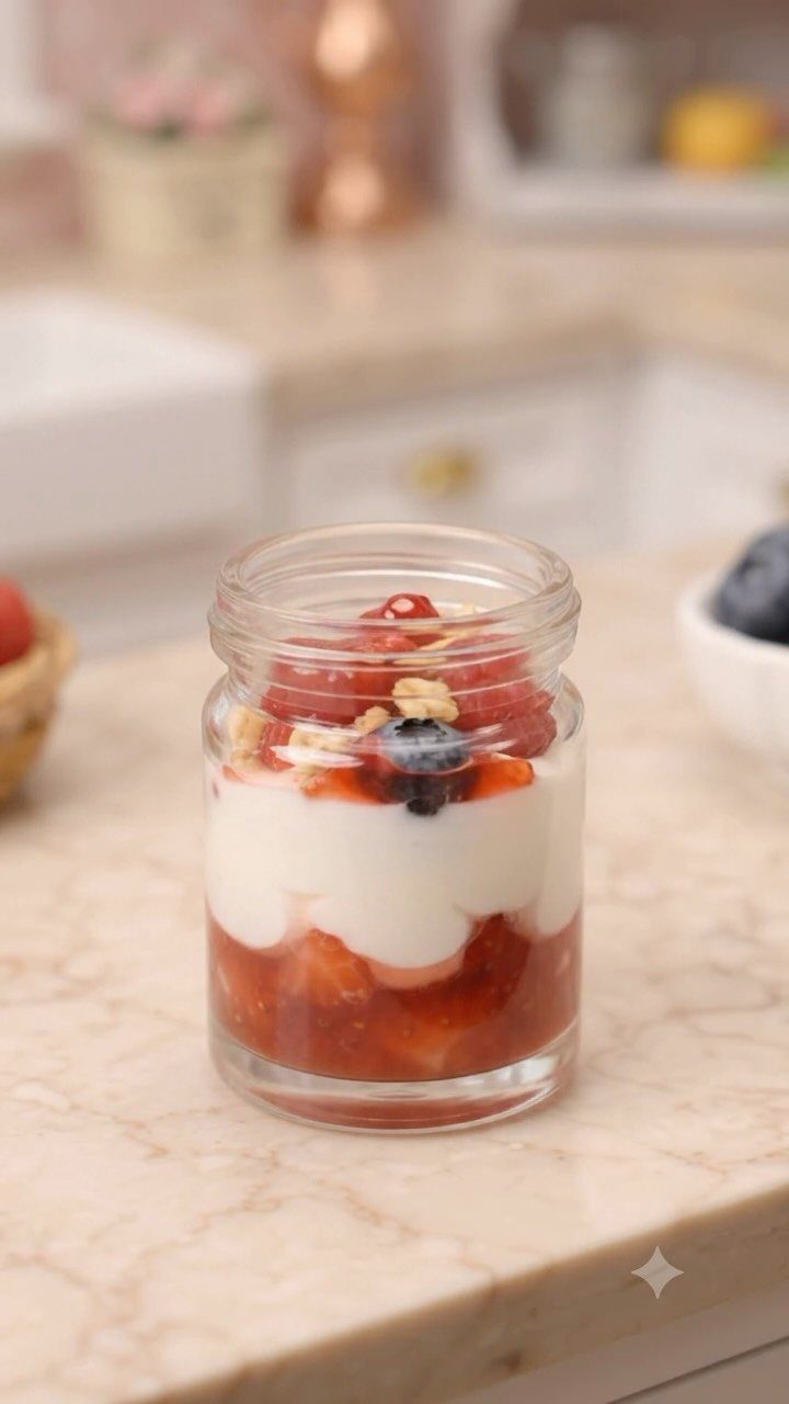 21 Healthy Mini Snacks for Lunchboxes, Parties and Busy Days 2 Yogurt parfait with berries and granola layered in a small clear glass jar.