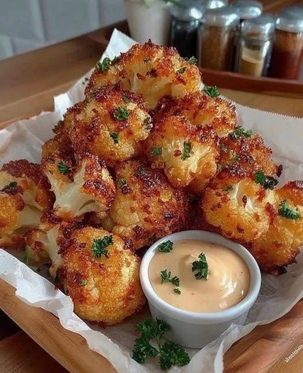 Breaded cauliflower wings with a creamy dipping sauce on a wooden tray