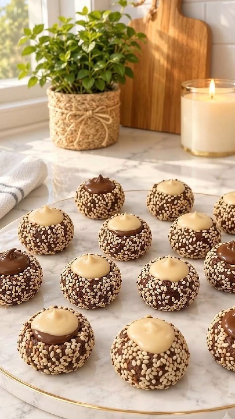 Chocolate sesame truffles with cream toppings on a white marble platter.