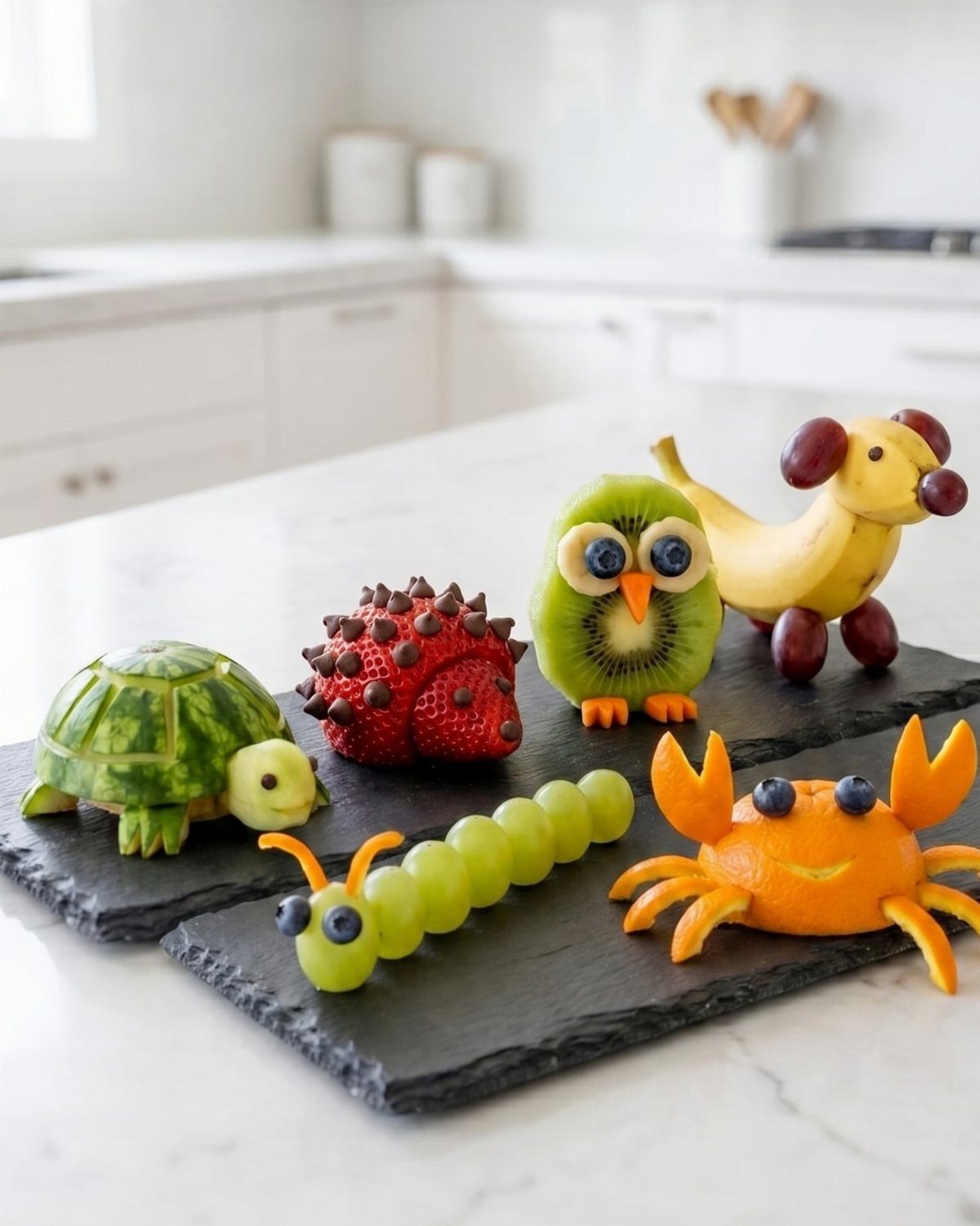 Fruit carved into animals including an owl, dog, crab, and turtle on slate.