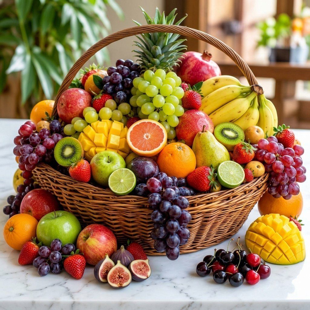 Woven wicker basket filled with an assortment of colorful fresh tropical and seasonal fruits.