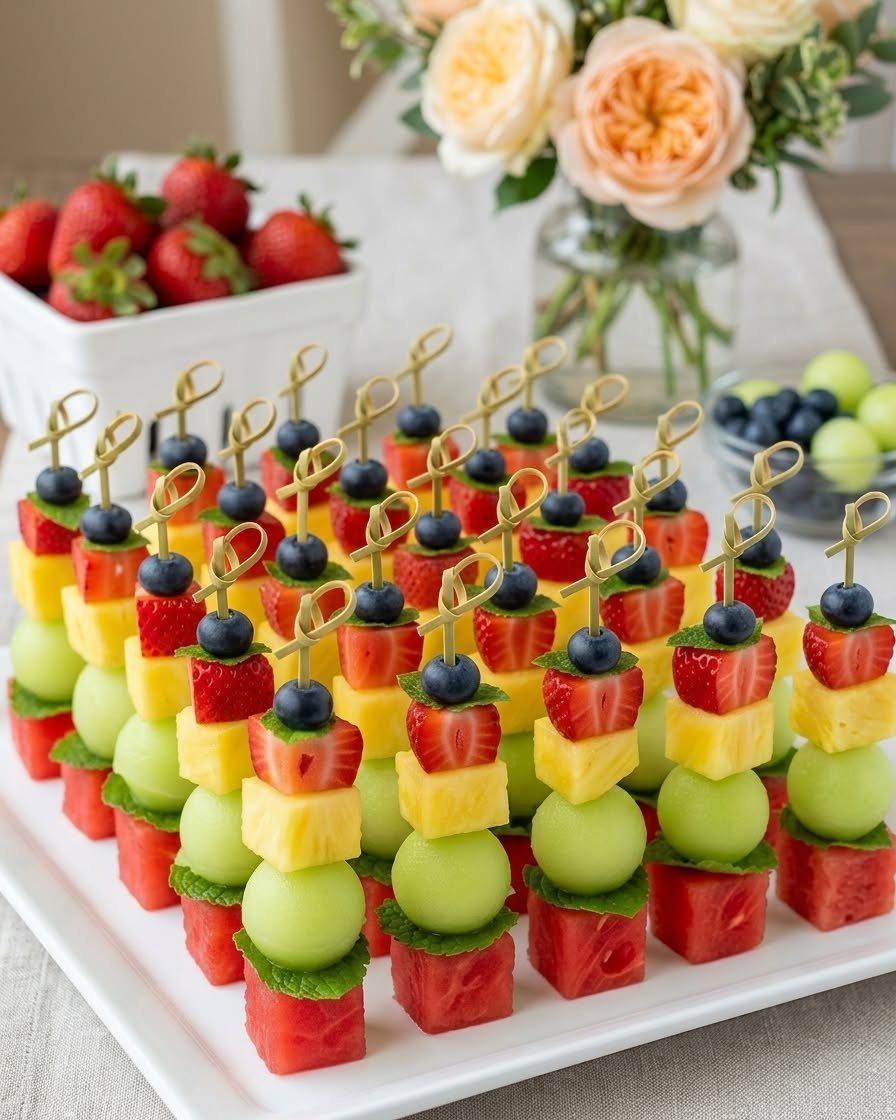 Fruit skewers with watermelon, melon, pineapple, strawberry, and blueberry on a white platter.
