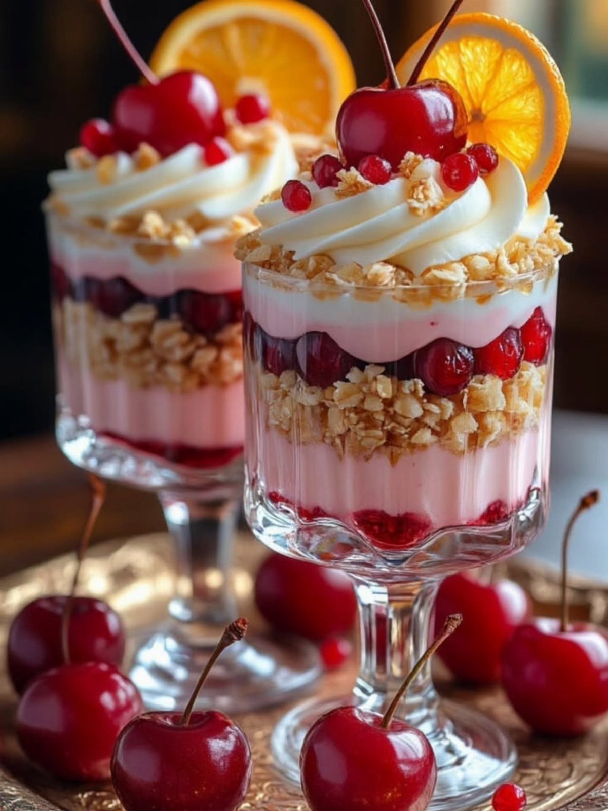 Fruit and yogurt parfaits with granola, topped with whipped cream, cherries, and orange slices.