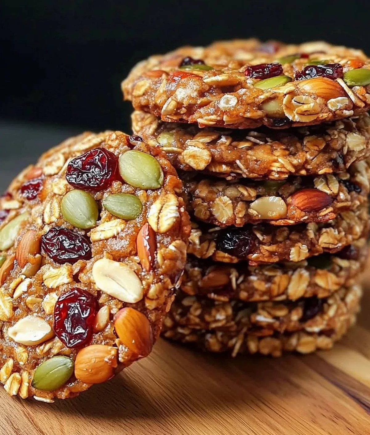 Granola cookies with almonds, pumpkin seeds, and dried cranberries stacked on a wooden board.