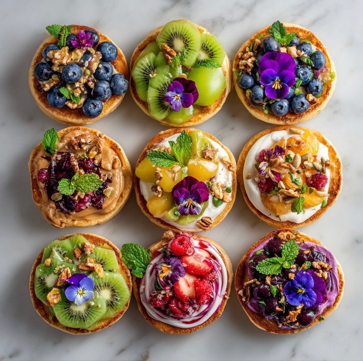 Assorted mini fruit tarts with fresh berries, kiwi, and edible flowers on marble.