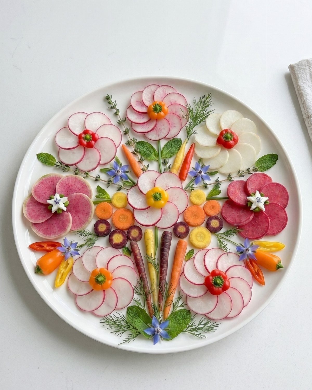 Vegetable platter with radish and carrot slices arranged as colorful flowers on a plate.