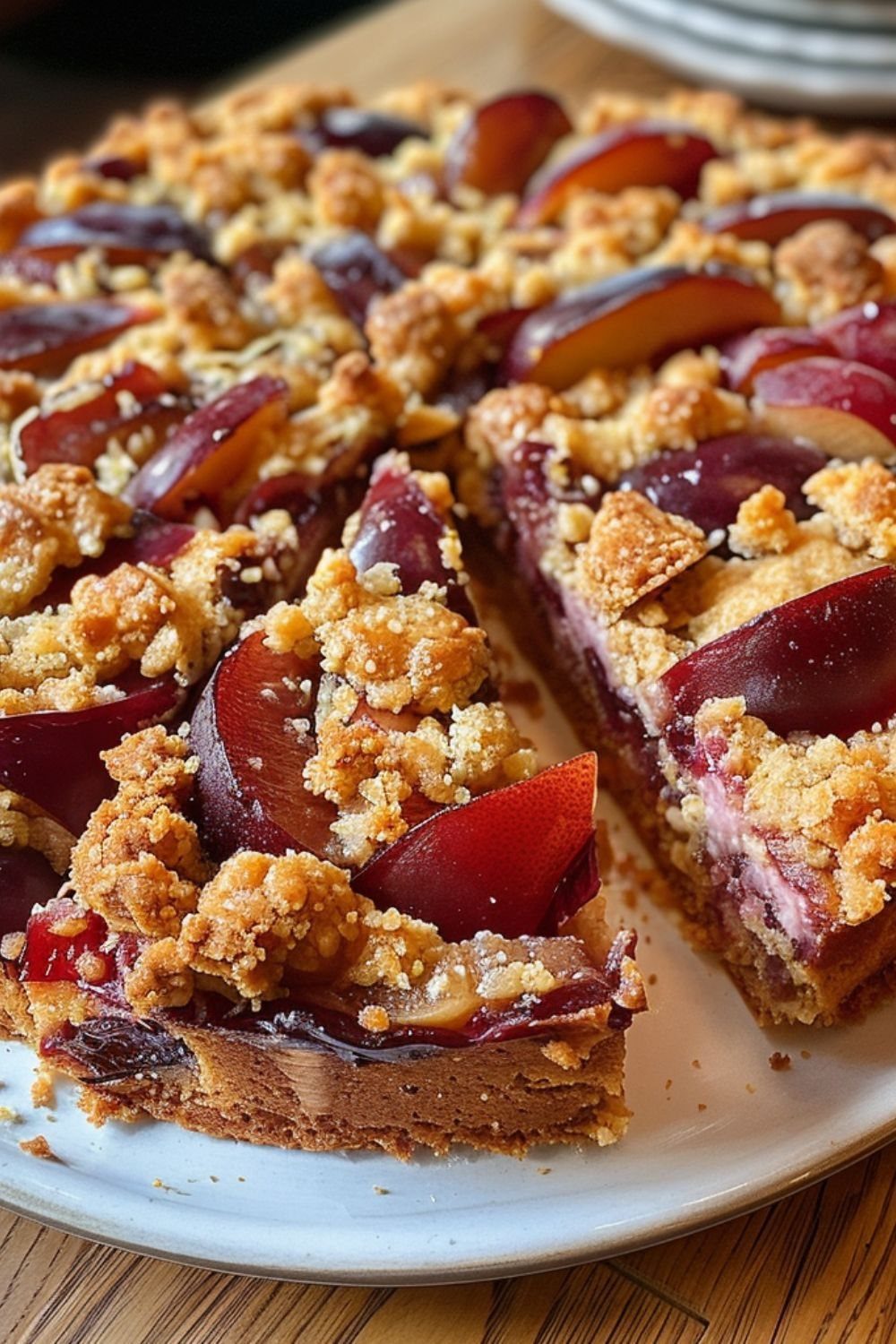 Plum crumble cake with sliced red plums and golden topping on a white plate.
