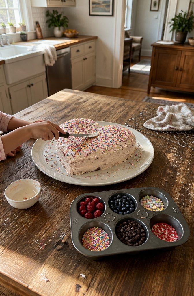 How to Make a Heart Cake: Recipe, Steps and Vintage Piping 13 Children decorating a heart cake with frosting sprinkles candies and berries