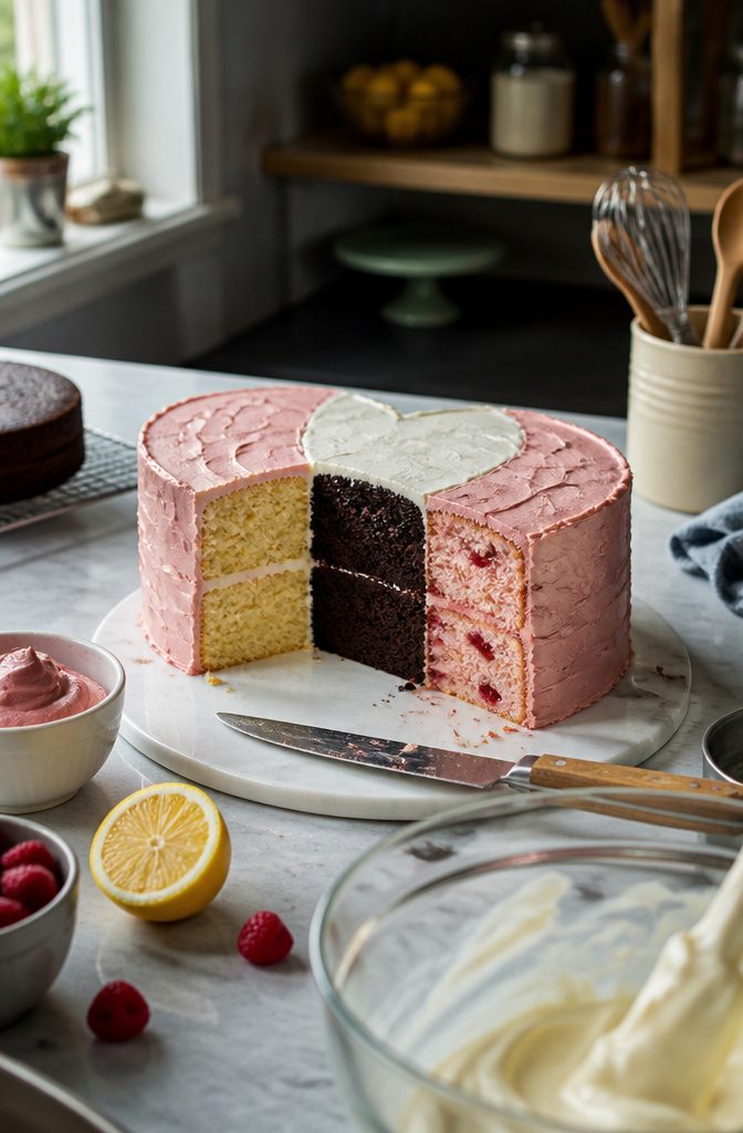 How to Make a Heart Cake: Recipe, Steps and Vintage Piping 6 Heart cake slices showing pale vanilla crumb, dark chocolate, and pink cherry-chip cake
