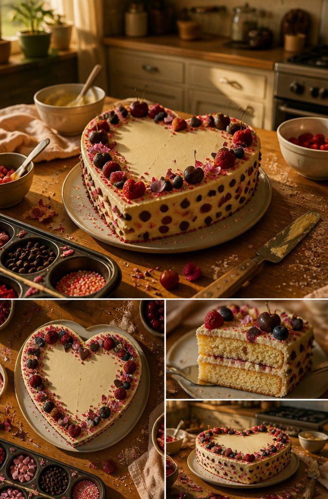 How to Make a Heart Cake: Recipe, Steps and Vintage Piping 7 Heart cake decorated with sprinkles, berries, candies, and piped lettering