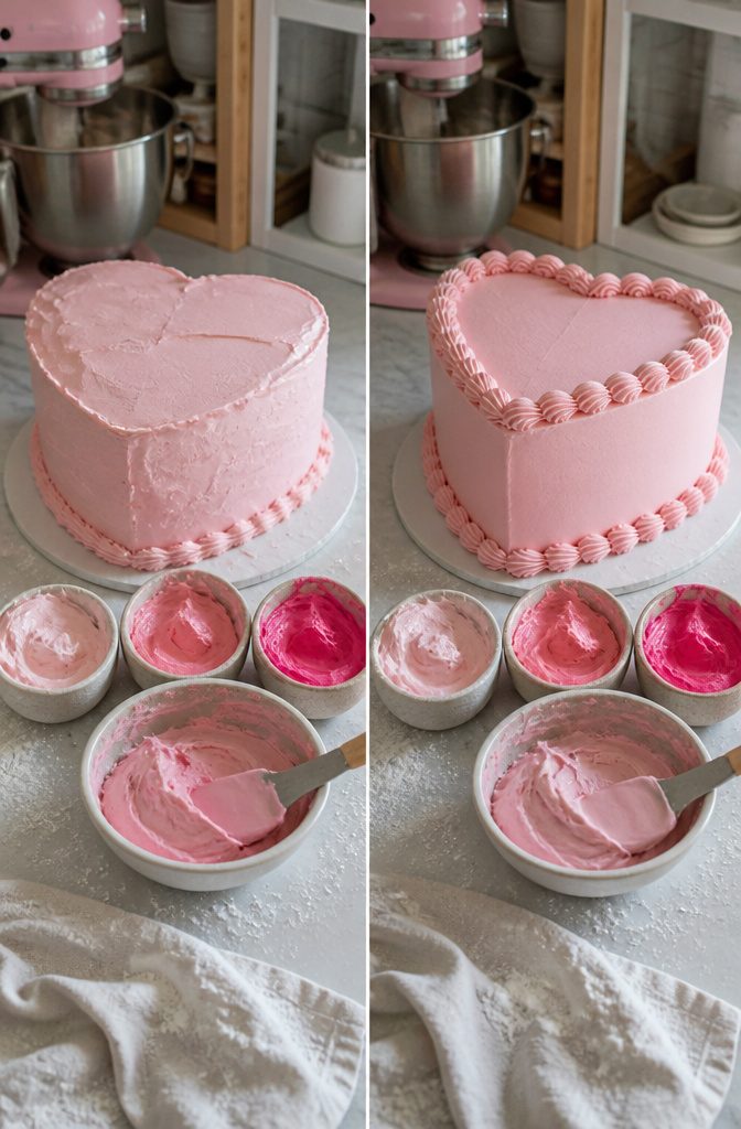 How to Make a Heart Cake: Recipe, Steps and Vintage Piping 9 Heart cake with pink frosting and piped details in several shades