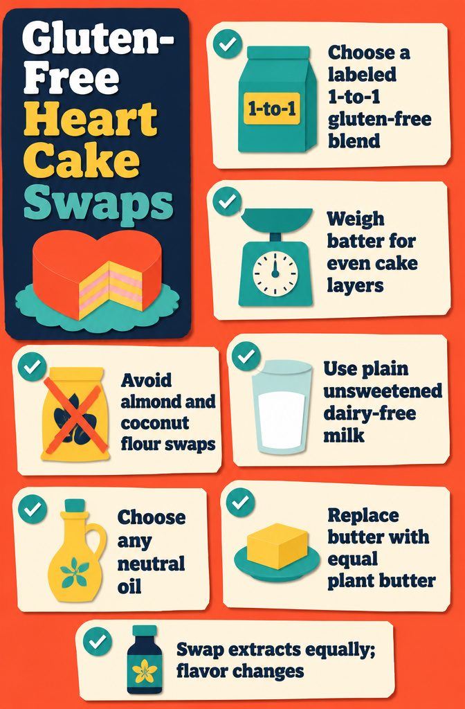 How to Make a Heart Cake: Recipe, Steps and Vintage Piping 11 Ingredient swap chart listing gluten-free flour and dairy-free baking substitutions
