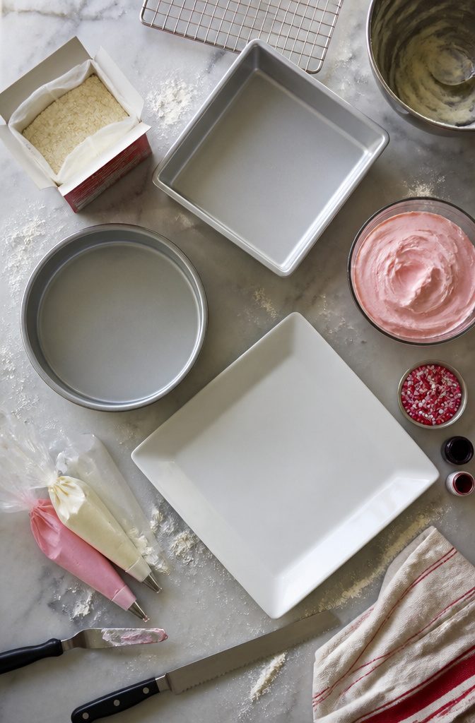 How to Make a Heart Cake: Recipe, Steps and Vintage Piping 2 Cake mix and frosting with sprinkles beside square and round cake pans