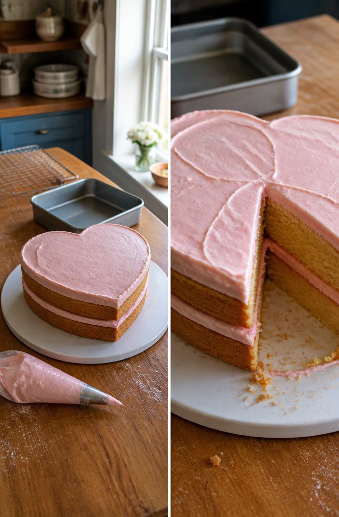 How to Make a Heart Cake: Recipe, Steps and Vintage Piping 5 Layered heart-shaped cake with frosting between the cake layers