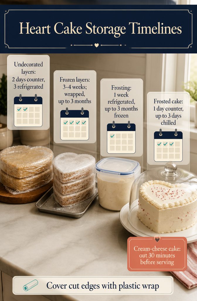 How to Make a Heart Cake: Recipe, Steps and Vintage Piping 12 Storage timeline chart for cake layers frosting and a frosted heart cake