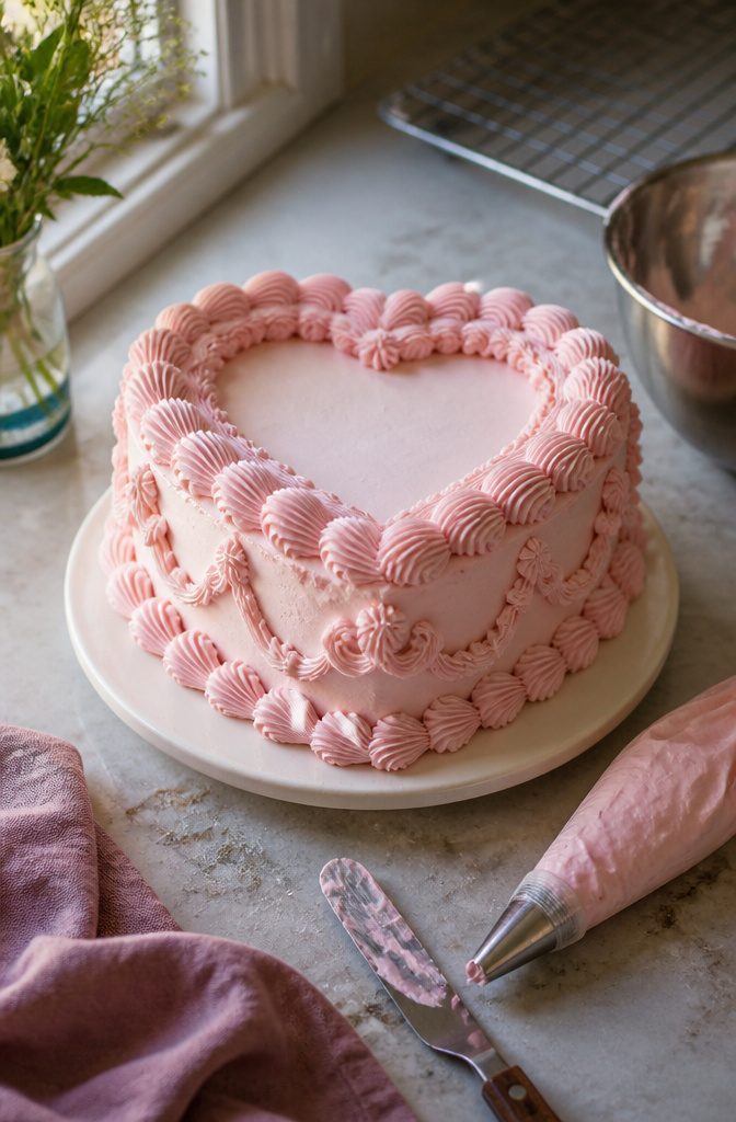 How to Make a Heart Cake: Recipe, Steps and Vintage Piping 8 Heart cake with pale pink shell borders, swooping garlands, and double ruffle piping