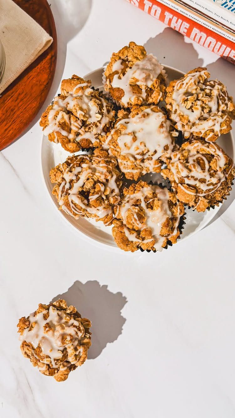 16 Morning Healthy Breakfast Ideas, From Egg Bites to Oats 6 Glazed breakfast muffins with nuts on a white plate and white background.
