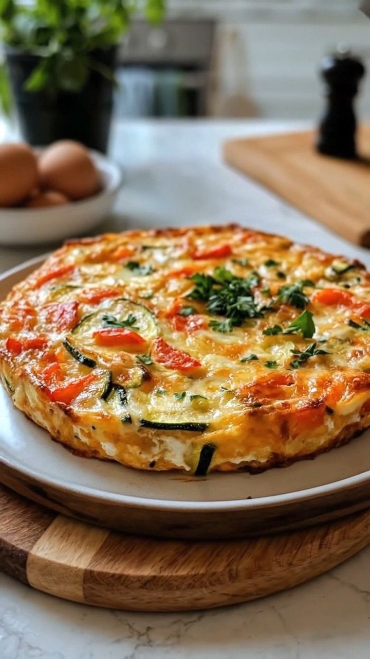 16 Morning Healthy Breakfast Ideas, From Egg Bites to Oats 7 Vegetable frittata with zucchini and red peppers on a wooden serving board.
