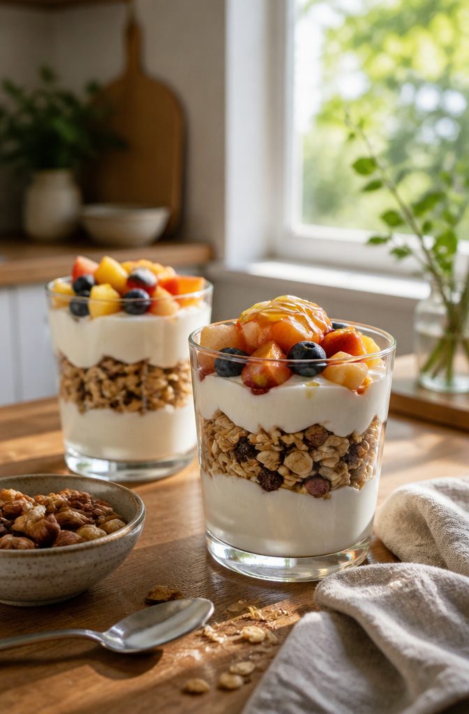 Clear glasses layered with Greek yogurt muesli blueberries and chopped fruit
