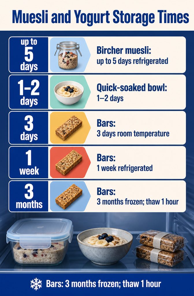 Food storage guide listing times for muesli yogurt bowls and bars