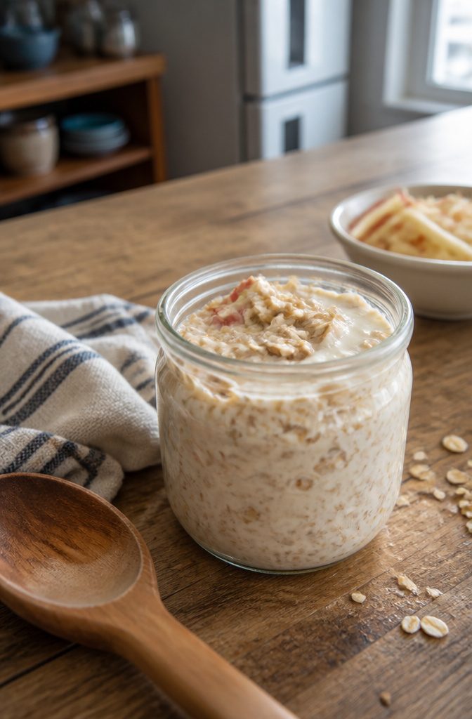 Bircher muesli with softened oats grated apple and Greek yogurt