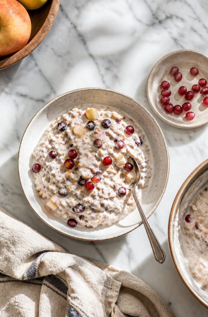 Quick-soaked oats with chopped apple dried fruit yogurt and orange juice