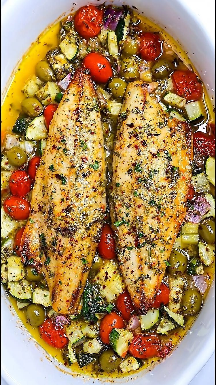 Two seasoned fish fillets baked with cherry tomatoes, olives, and zucchini in a dish.