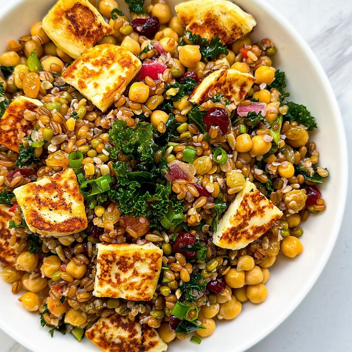 Farro chickpea salad with kale, dried cranberries, and seared halloumi cheese in a bowl