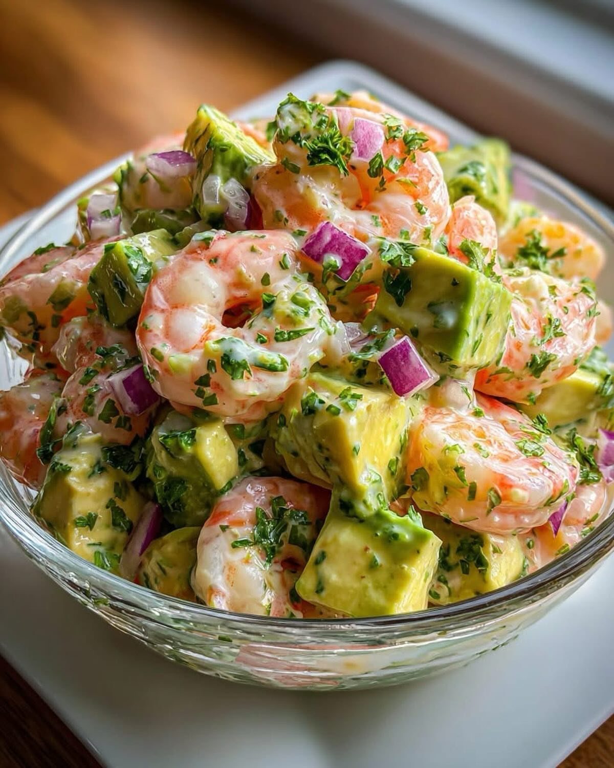 Shrimp ceviche with avocado, red onion, and cilantro in a clear glass bowl.