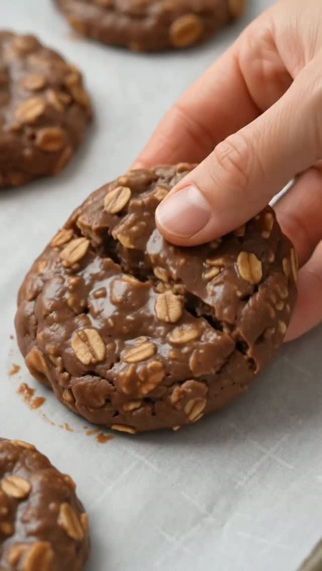 26 Oats Recipes for Snacks, from Energy Bites to Oat Crackers 11 Chocolate oat cookie being held by a hand on white parchment paper.