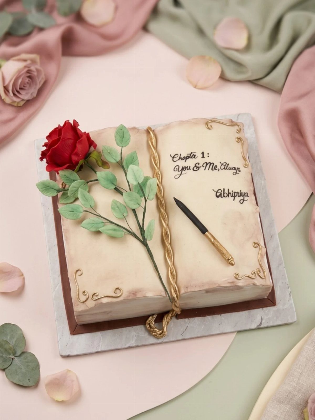 13 Open Book Cakes, from Fairytale Pages to Library Shelves 8 Open book cake with a red rose and text celebrating a couple's story.