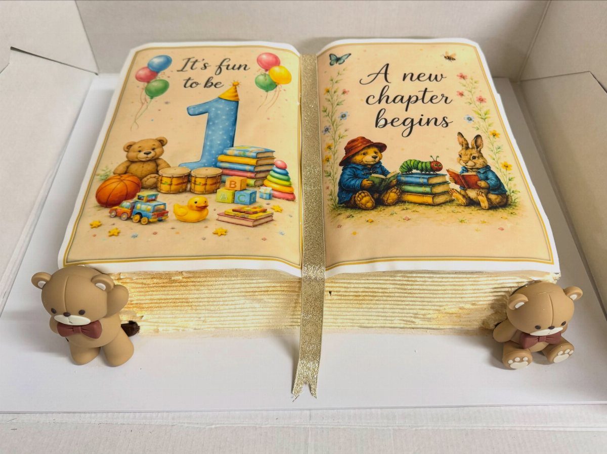 13 Open Book Cakes, from Fairytale Pages to Library Shelves 5 Open book cake with children's storybook illustrations and small teddy bear figurines.