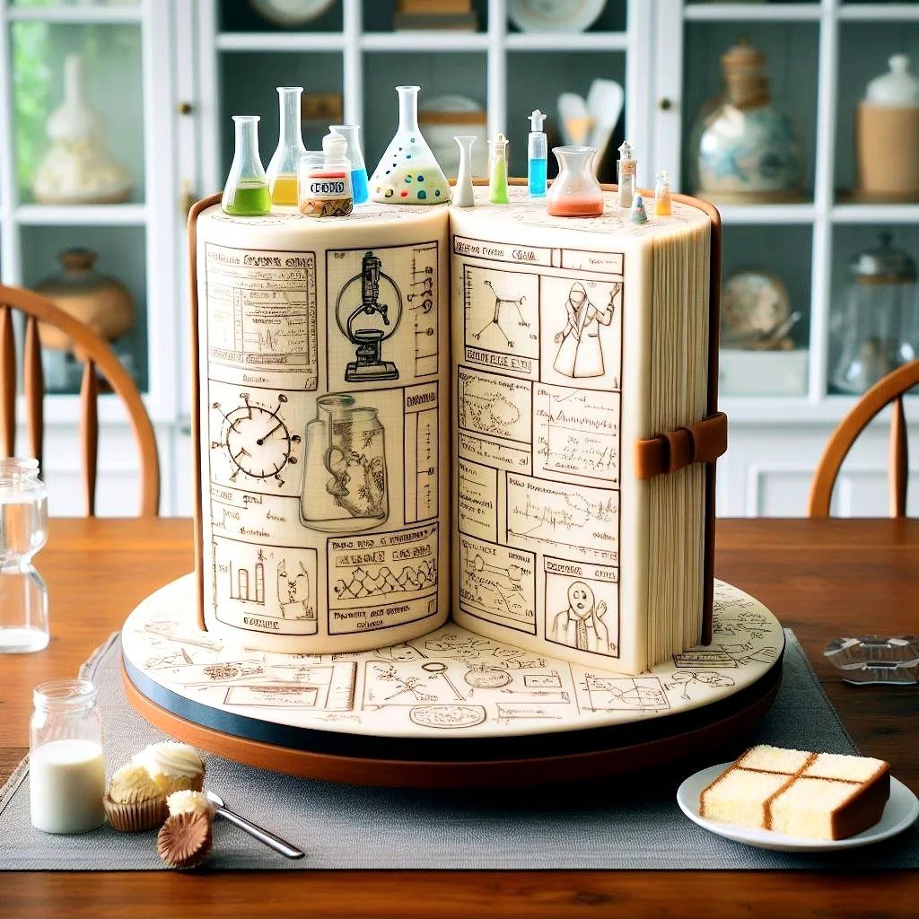 13 Open Book Cakes, from Fairytale Pages to Library Shelves 13 Open book cake with scientific drawings and miniature edible flasks on top.